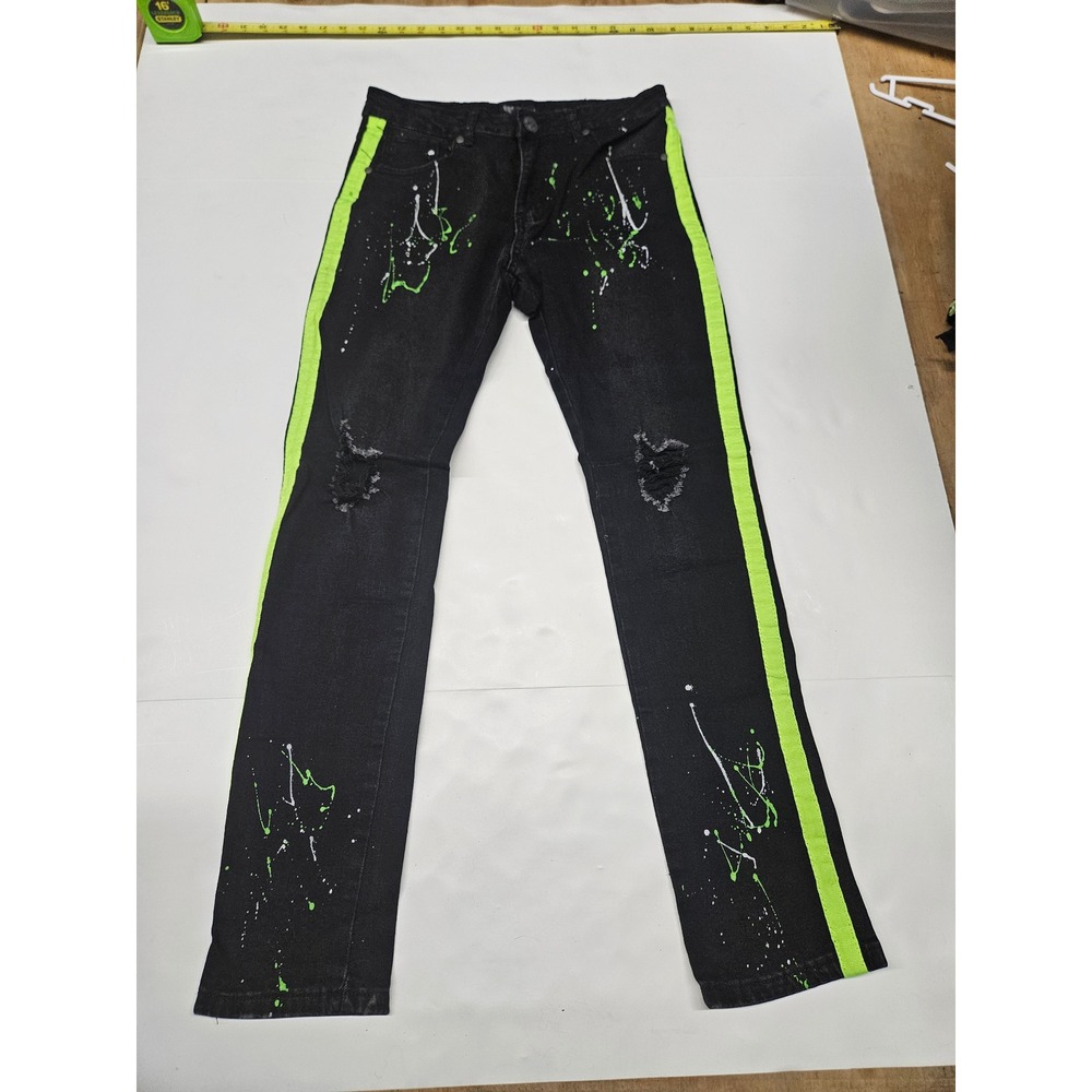 Waimea Skinny Fit Jeans Black Neon Green Side Stripe Paint Splatter Size 18